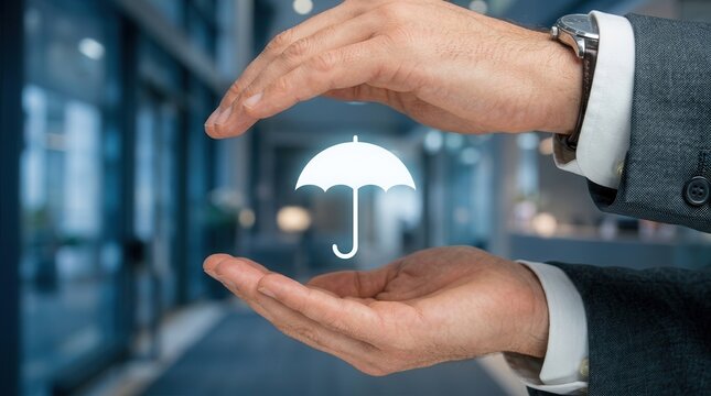 A businessman's hands protecting a white umbrella icon to represent insurance coverage and financial security.