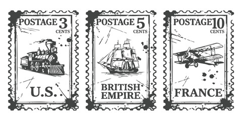 Three vintage postage stamps featuring a steam train, a sailing ship, and an old airplane in black and white © GraphixEra