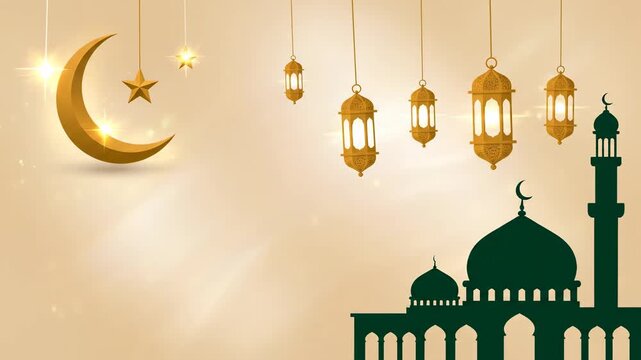 Mosque silhouette crescent moon stars lanterns golden illustration, warm gradient background sparkling light, festive ramadan holiday atmosphere