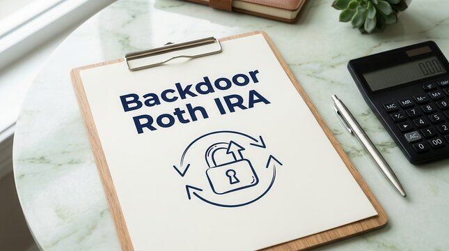 Financial planning concept featuring Backdoor Roth IRA tax advantaged investment strategy.