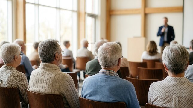 A group of senior citizens listening to a speaker at an emotional wellness seminar.