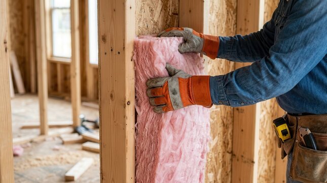 A professional contractor fitting fiberglass batt insulation during a home energy efficiency upgrade.