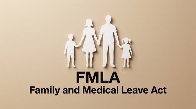 A conceptual FMLA Family and Medical Leave Act graphic with white paper cutouts of a family.