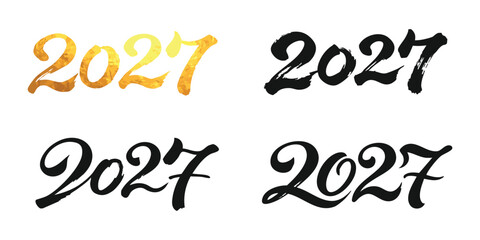 Set of 2027 year numbers with artistic calligraphy brush stroke style in black and shiny golden ink colors © GraphixEra