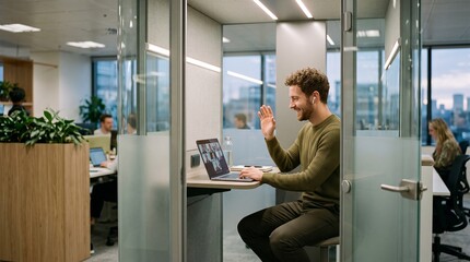 Fototapeta premium Man waves hello during video conference call in modern office meeting pod