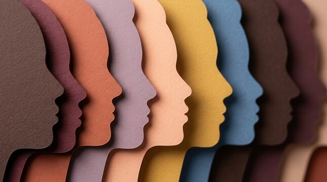 Concept of diversity and inclusion through colorful layered human profile silhouettes.
