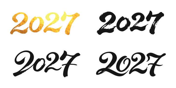 Set of 2027 year numbers with artistic calligraphy brush stroke style in black and shiny golden ink colors
