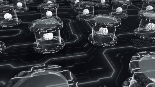 White color 3d brain interlinked of ai simulation of human intelligence futuritstic circuit board processing global humans data hi tech design black technology 3D background