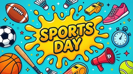 Exciting sports day concept featuring athletic equipment and dynamic colors for students.