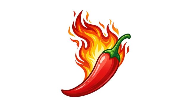Fiery Red Chili Pepper with Flames Isolated on White Background