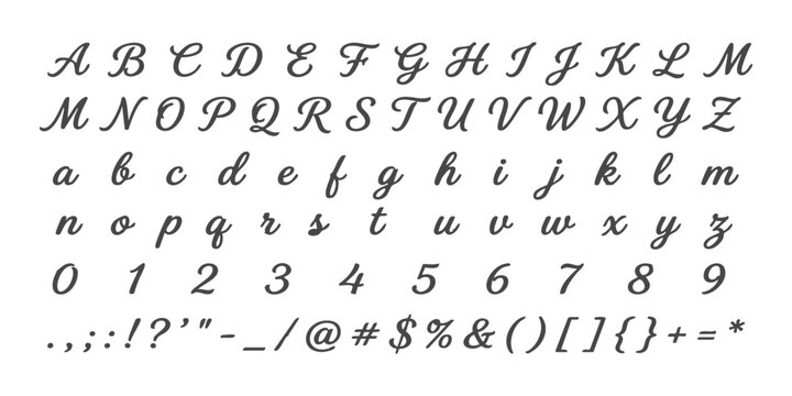 Elegant cursive script alphabet letters and numbers set with punctuation marks for creative design projects