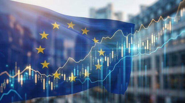 Financial trends in Europe represented by a rising stock market graph and the EU flag.