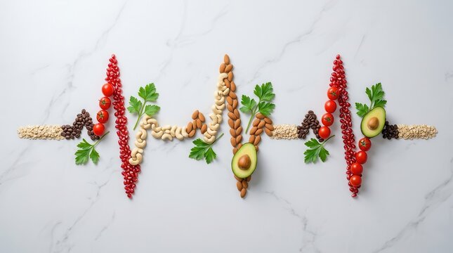 Diverse foods arranged in a heartbeat pattern to promote well-being and disease prevention.