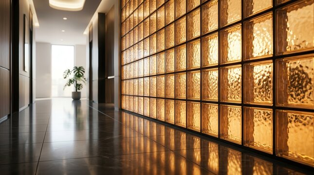 A translucent glass block wall creates a modern interior divider with warm glowing light.