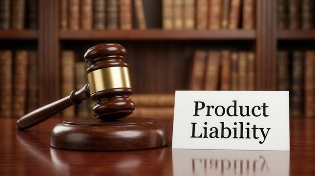 Product liability concept featuring a wooden gavel and legal documents in a law library.