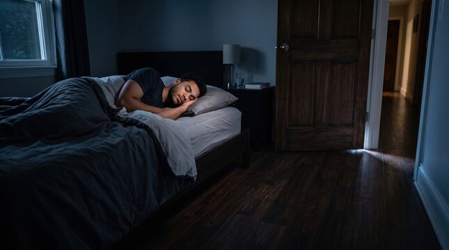 Young man sleeping deeply in bed inside dark bedroom at night for healthy sleep concept.