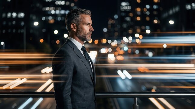 A profile view of a mature businessman featuring motion blur streaks of speed and progress in the city.