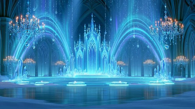 Grand ice throne in a gothic hall, adorned with crystal formations, flanked by chandeliers, high arched ceilings, ornate arches, smooth reflective floor, cool icy blues and purples, warm golden light