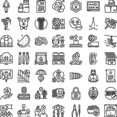 Fototapeta premium Set of diverse vector outline icons representing concepts across business, technology, finance, travel, health, and food, designed for web and mobile applications