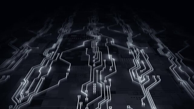 Flying above the White color glowing circuit board microchip with binary code futuristic matrix data network hi tech design black technology background