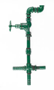 Green water pipe with valve isolated on white background