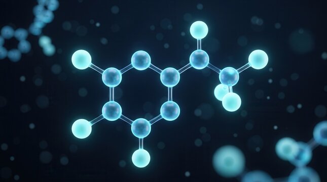 Dopamine molecule structure in a glowing blue 3D illustration representing happiness and neuroscience.