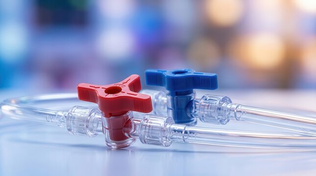 Medical stopcock valves and transparent tubing used in dialysis equipment within a hospital setting.
