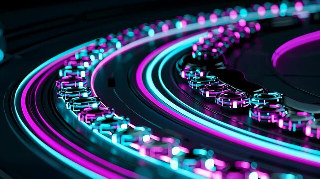 DJ setup featuring a metal turntable with neon lights, dark environment, vibrant colors, high-tech aesthetic, cyberpunk style, modern design, reflective surface