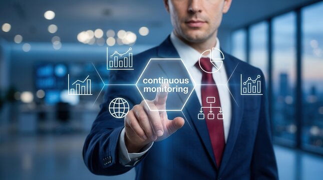 Professional man using a futuristic touch interface featuring continuous monitoring and data analytics icons.