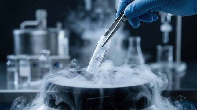 A scientist using tweezers to retrieve a frozen embryo in a cold vial from cryogenic storage vapor.