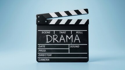 Naklejka premium A film clapperboard featuring the word drama in white chalk against a light blue backdrop
