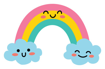 Naklejka premium Cute kawaii happy colorful rainbow arching between two fluffy clouds playful cartoon sticker flat vector illustration mascot