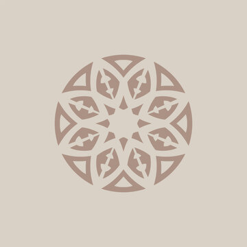Abstract circular floral ornament featuring symmetrical geometric mandala design template in soft color