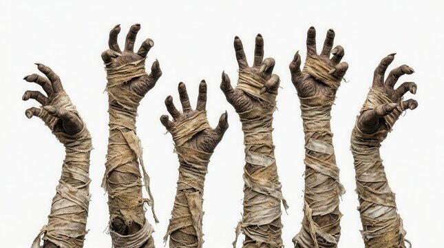 Evil zombie and mummy hands wrapped in dirty bandages.
