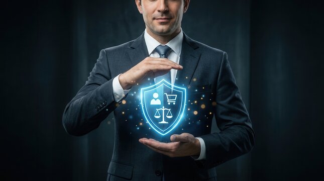 A professional businessman protects a blue glowing shield featuring a shopper and justice scales.