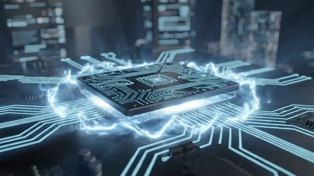 Quantum processor animation showcasing advanced microchip technology, glowing circuit energy flow, high performance semiconductor computing and futuristic digital innovation