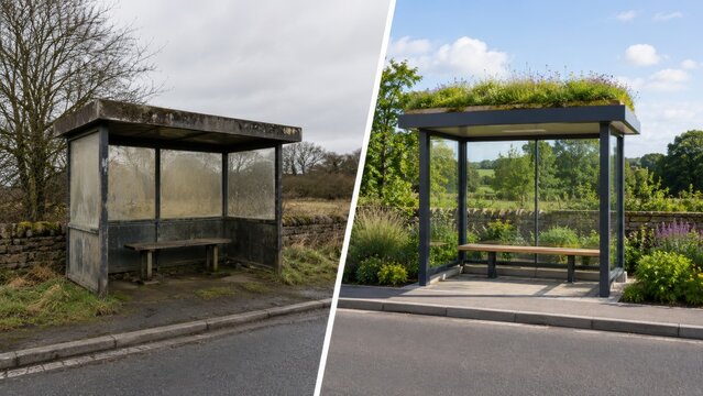 Old rural bus shelter and modern stop with green roof