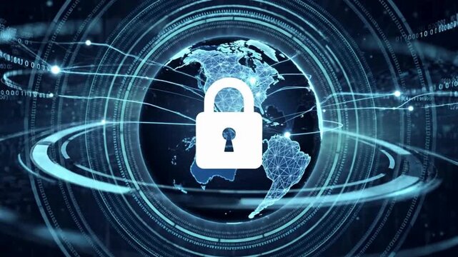 Global cybersecurity animation with secure digital padlock, encrypted data protection, worldwide network defense infrastructure and futuristic information security technology concept