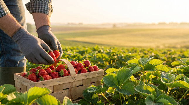 Organic Strawberry Harvest Farmer Picking Fresh Red Berries in Sustainable Agriculture Healthy Fruit Farming and Natural Food Production with Morning Sunlight