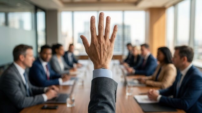 A person raising a hand to submit shareholder proposals during a corporate meeting.