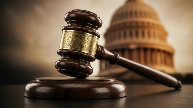 A close-up shot of a professional legal gavel against a blurred capital dome backdrop.