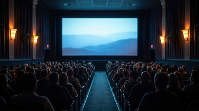 Diverse audience members sitting in a movie theater watching a large screen.