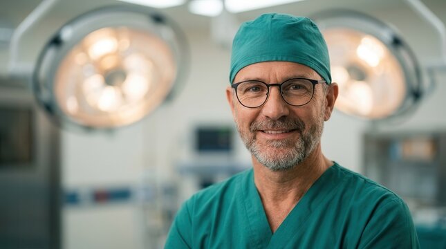 Smiling male surgeon with glasses and surgical cap in a hospital operating room.