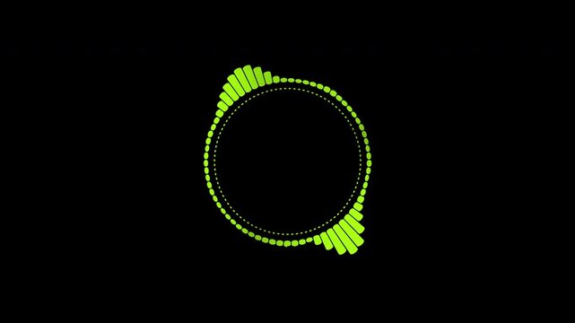 A beautiful circular interface, speech bubbles, music, sound spectrum, equalizer, 4K video, and animated sound waveforms on a black and white background.