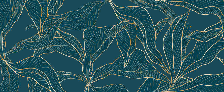 Luxury art backdrop featuring a pattern of tropical leaf silhouettes in a golden style. Botanical banner for wallpaper, textiles, packaging, posters, prints, and decor.