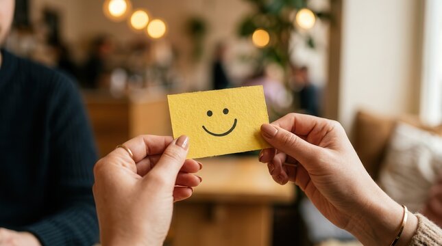 Customer satisfaction concept showing a hand holding a yellow note with a happy face icon.