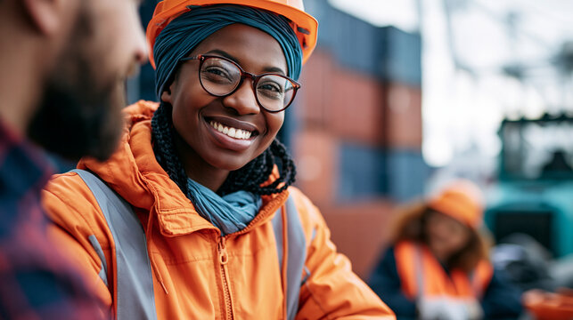 An attractive industrial worker collaborating with a coworker at a bright overseas shipping container yard industrial worker container yard logistics supply chain export
