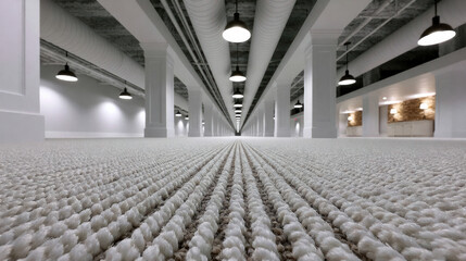 Obraz premium Vast underground living room with textured carpet, white columns, industrial ceiling, and modern lighting, creating spacious and serene atmosphere
