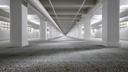 Obraz premium Vast underground living room complex with white columns, industrial ceiling, textured floor, and soft natural light, evoking calm atmosphere