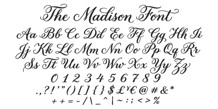 Elegant Madison cursive calligraphy font alphabet set with capital and lowercase letters and numbers